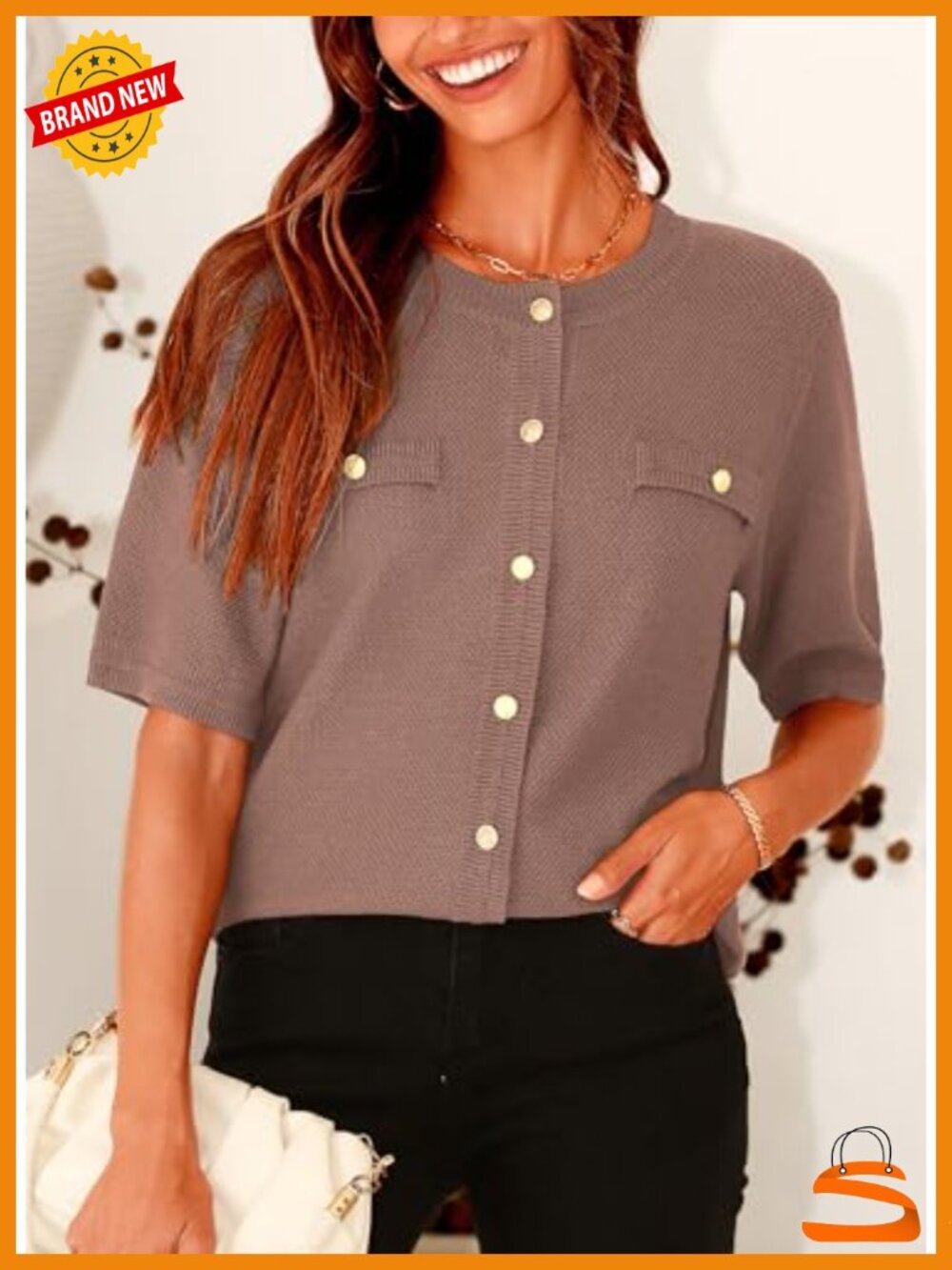 Women's Casual Short Sleeve Button Down Shirt - Ribbed Knit Blouse Top - Picture 5 of 6
